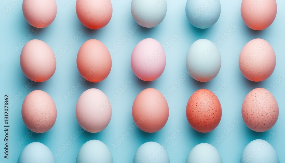 Poster colorful eggs arranged on a blue surface. various pastel shades and speckled patterns create a visua