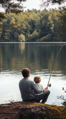 A father and his child fish peacefully at a calm lake on Father Day. Vertical.