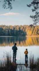 A father takes his child fishing on a serene lake for a Father Day trip. Vertical.