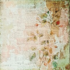 Vintage Newsprint Scrapbook Paper with Faded Flower on Beige Background