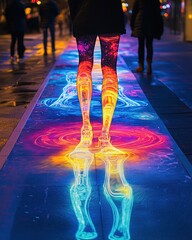 Fototapeta premium street graffiti interactive Colorful leg patterns on illuminated street.