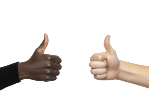 Diverse hands giving thumbs up in a gesture of approval and positivity during a collaborative moment