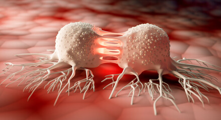 Medical 3D illustration of  dividing cancer cells on cell a cell surface