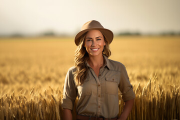 Smiling woman in a wheat field at sunset wearing a hat and a button-up shirt