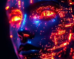 An abstract pixelated robot face with digital holographic effects, glowing circuits, hightech futuristic portrait design, vibrant colors, ultradetailed, 8K UHD