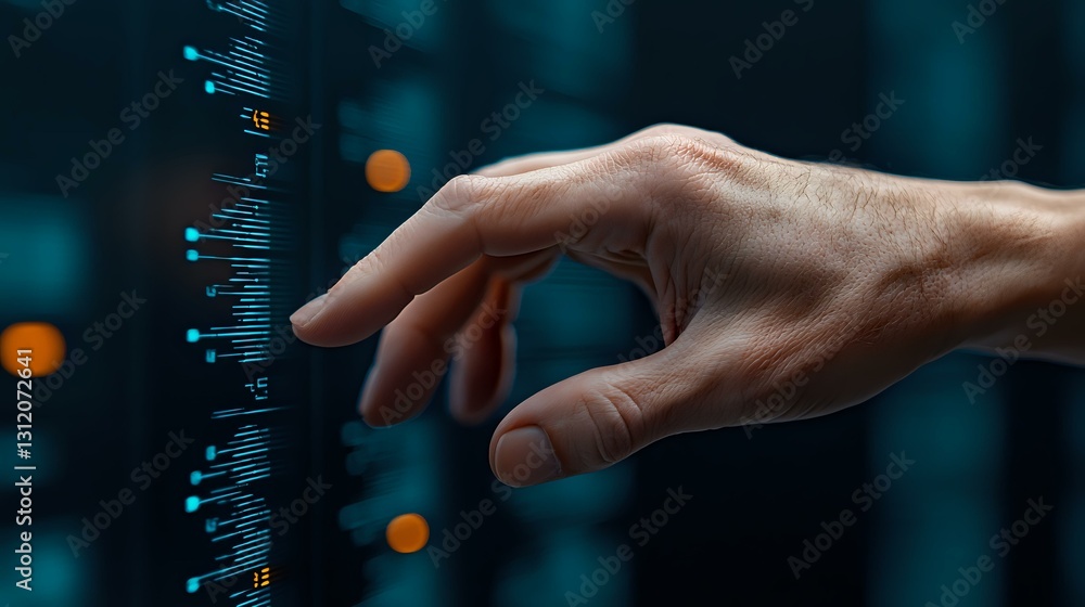 Poster male hand reaching towards digital data visualization elements against dark background with bokeh li