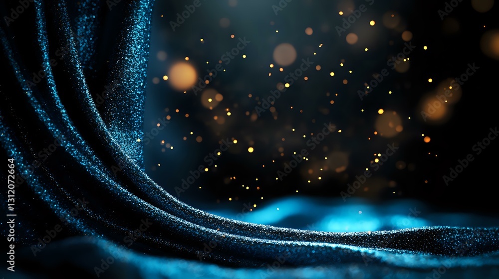 Poster magical glowing particles flow in curved lines against dark background, creating ethereal blue light