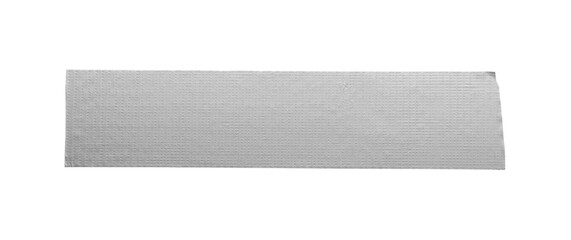 Strip of silver adhesive tape on white background, top view
