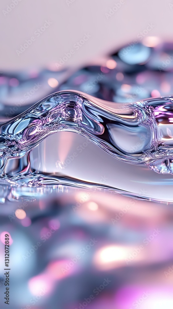 Poster abstract liquid wave formation in blue and pink metallic colors with smooth flowing curves and refle