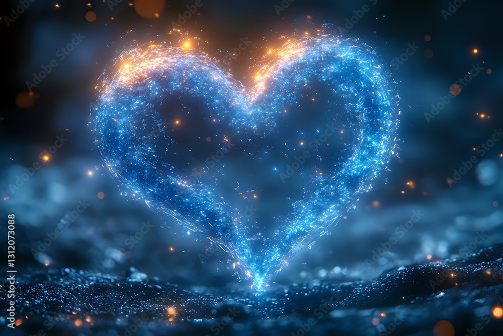 Poster magical glowing heart shape formed by blue sparkles and light particles against dark background with