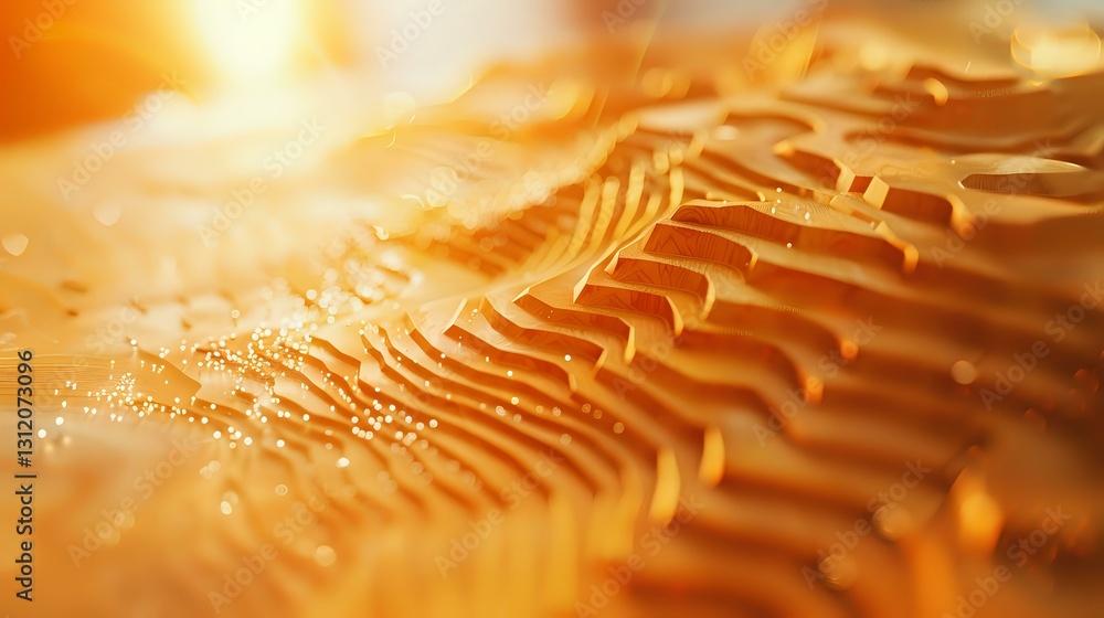 Poster macro photography of golden rippled surface with intricate wave patterns and light reflections creat