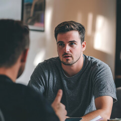 Young caucasian male engaged in conversation with another person at a table
