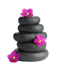 Stacked spa stones and beautiful flowers isolated on white