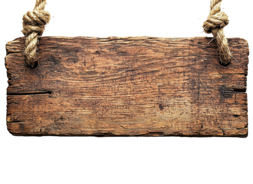 Rustic wooden sign hanging by rope, showcasing a weathered surface and natural texture, ideal for crafts or decorative purposes