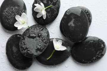 Wet spa stones and beautiful flowers on white background, flat lay