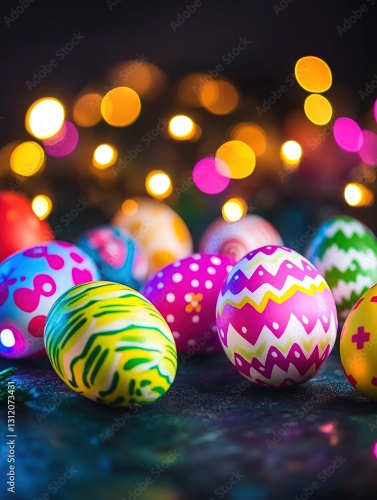 Poster decorated easter eggs with vibrant patterns illuminated by festive bokeh lights on a dark background