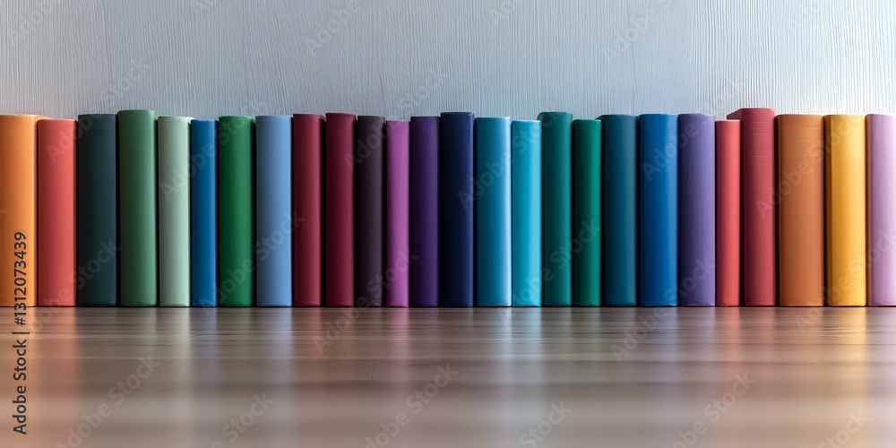 Poster row of colorful hardcover books standing in line on wooden surface against light wall, creating rain