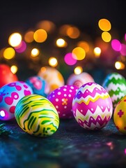 Decorated Easter eggs with vibrant patterns illuminated by festive bokeh lights on a dark background