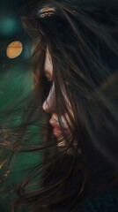 Fototapeta premium Side profile of young Asian woman with flowing dark hair against emerald background, soft bokeh lighting creates dreamy atmospheric mood for beauty and fashion content.