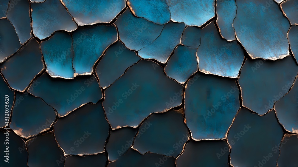 Poster cracked turquoise surface with dark edges creating abstract pattern. deep blue-green aged texture sh