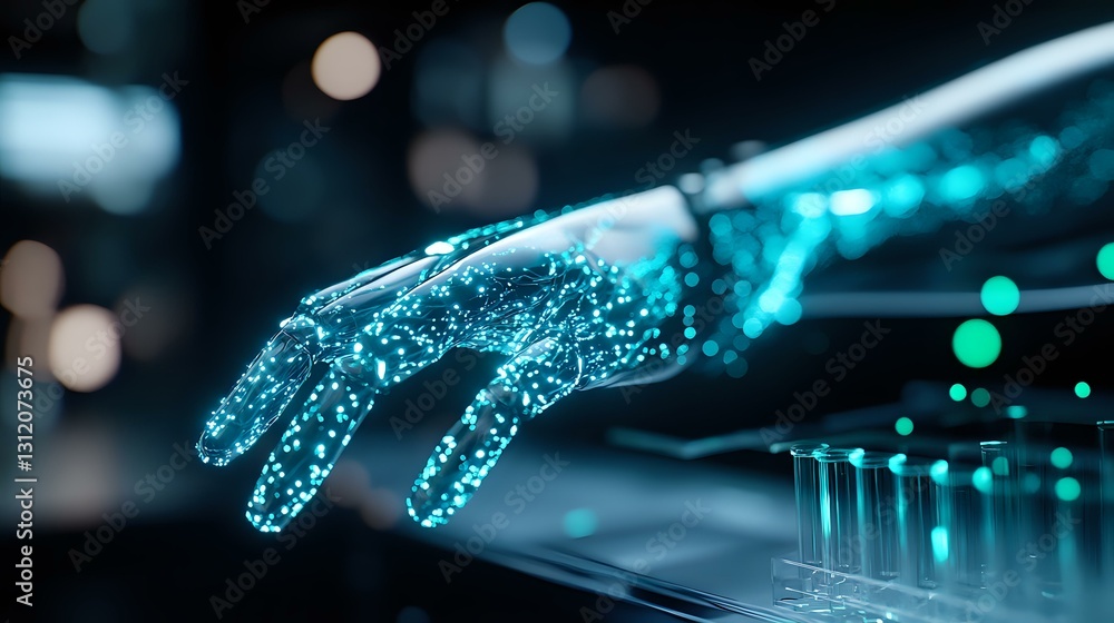 Poster futuristic glowing digital hand reaching towards technological interface with blue light particles a