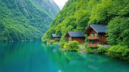 Obraz premium Lakeside Cabins: Nestled along the serene edge of a turquoise lake, charming wooden cabins are surrounded by vibrant, lush greenery and towering mountains.
