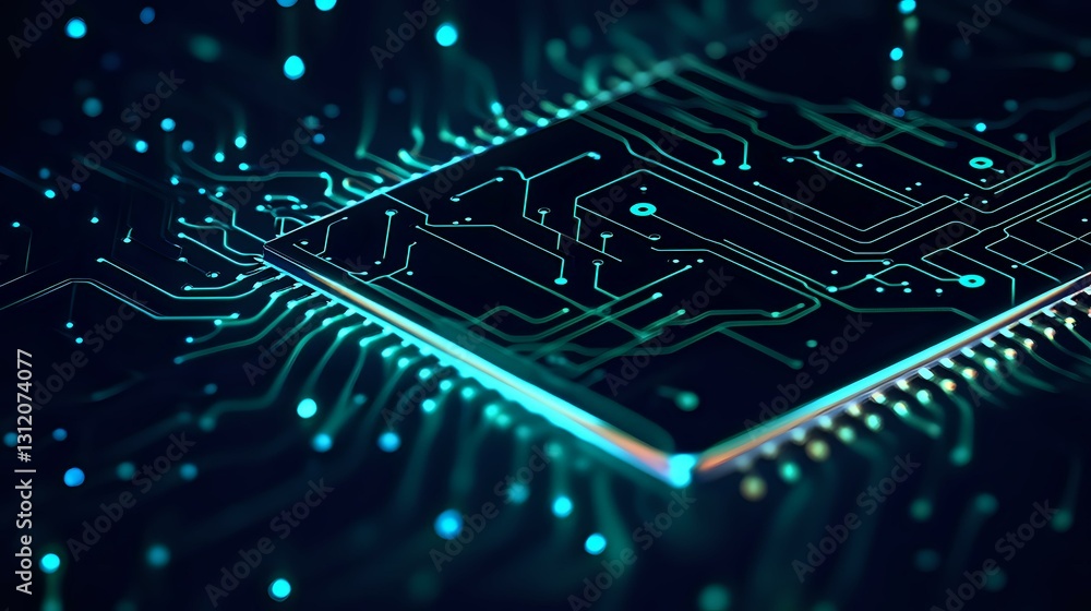 Poster glowing turquoise circuit board paths and electronic components on dark background with bokeh light 
