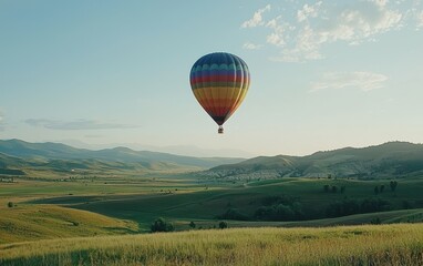 Obraz premium A colorful hot air balloon soaring through the morning sky over a peaceful countryside