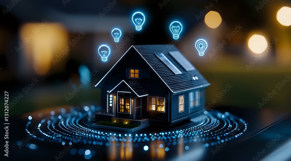 Aufkleber miniature smart home with glowing light bulbs floating above roof and digital circular waves, illumi