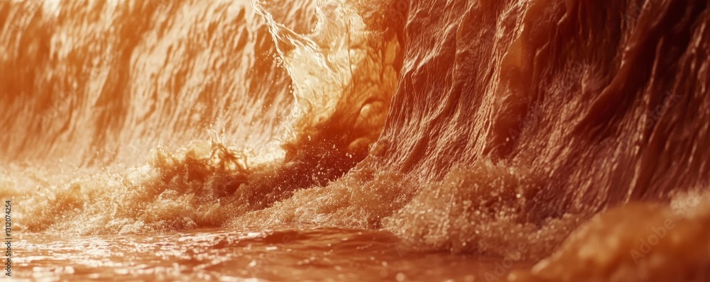 Poster close up view of a powerful wave crashing, showcasing textured water and a warm, amber color palette