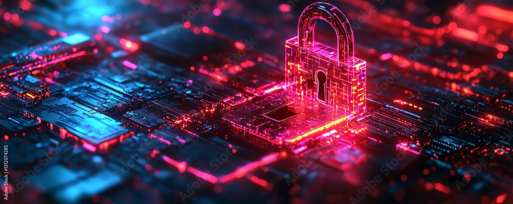 Poster A futuristic lock design with complex encryption symbols, abstract technology protection, glowing neon colors, ultrarealistic details, digital security theme, 8K UHD