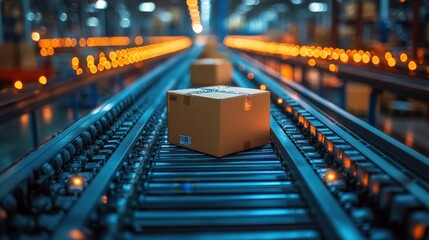Packages moving along a conveyor belt in a busy warehouse with glowing lights in the background