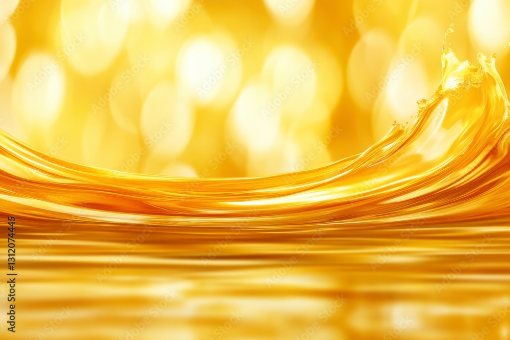 Poster abstract image of a golden liquid wave with a bokeh background. the wave is dynamic and reflective, 