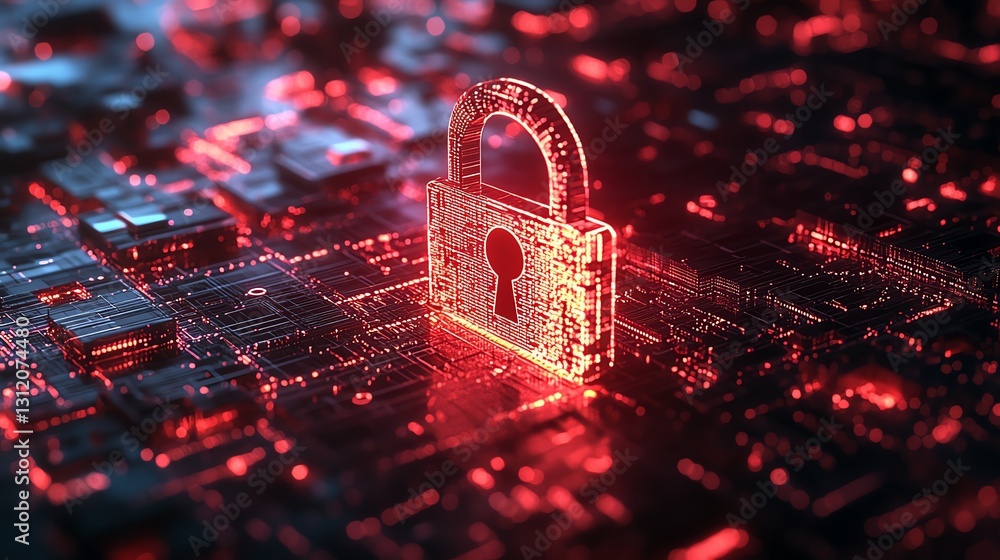 Fototapete a glowing abstract lock with digital code flowing through, cyber security and technology theme, intr