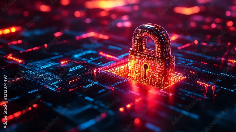 Fototapete a glowing abstract lock with digital code flowing through, cyber security and technology theme, intr
