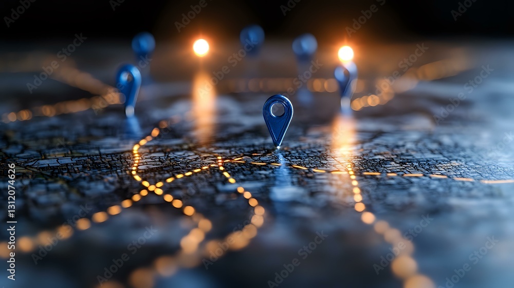 Poster blue location pins on illuminated world map with glowing connection lines showing global network and