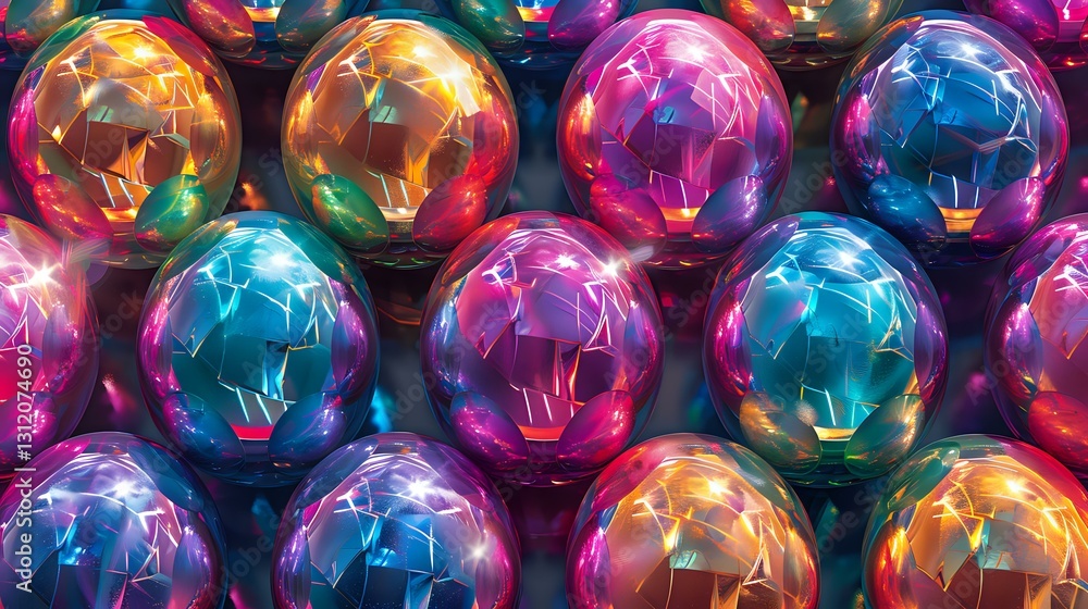 Poster colorful iridescent glass spheres with crackled surface texture arranged in rows creating abstract p