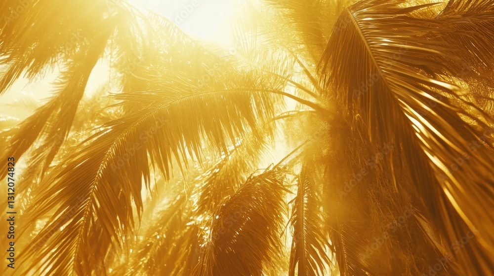 Poster golden sunlight filters through lush palm leaves, creating a warm and hazy atmosphere. the image is 