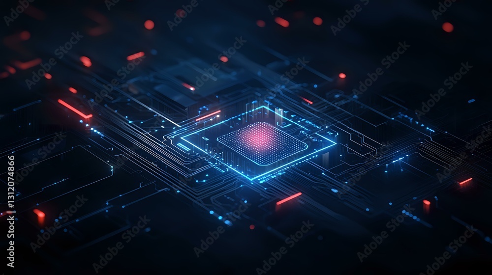 Aufkleber glowing microprocessor on circuit board with red and blue neon lights, digital technology concept sh