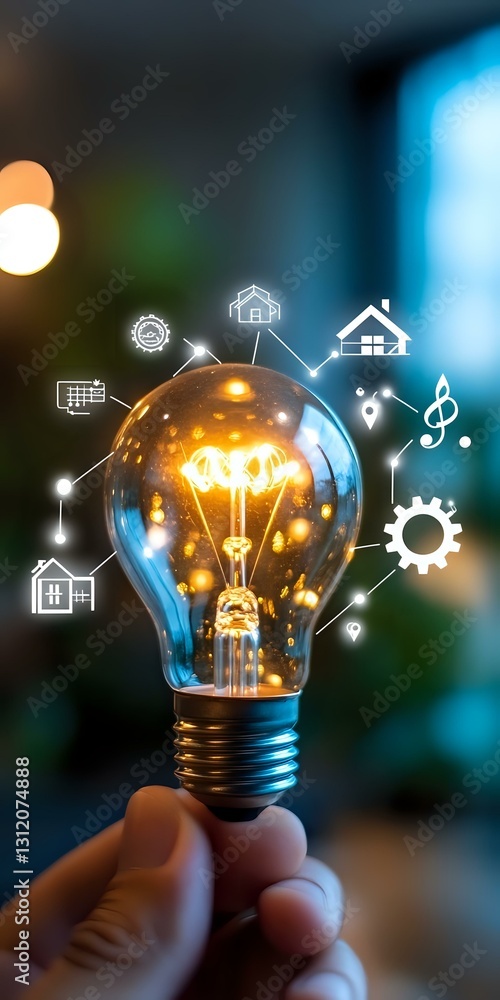 Aufkleber glowing lightbulb with smart home icons floating around it against blurred background, representing 