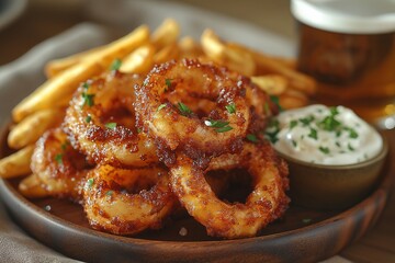 A plate of fried food with a dipping sauce