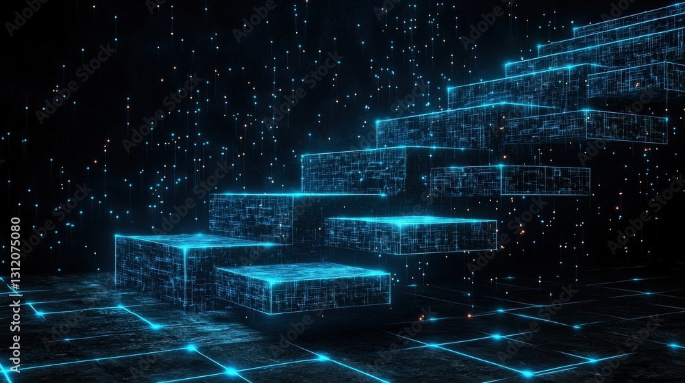 Poster a staircase transitioning from stone steps into glowing digital platforms.