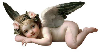 Cherubic Angel Rests, Wings Spread, Roses Adorn, Isolated White