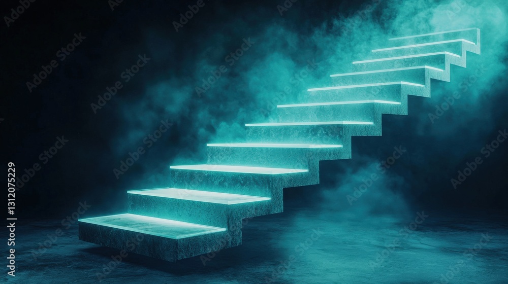 Poster a staircase transitioning from stone steps into glowing digital platforms.