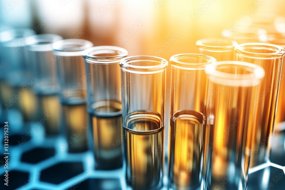 Poster close up view of multiple test tubes containing a yellow liquid, arranged on a hexagonal grid. warm,