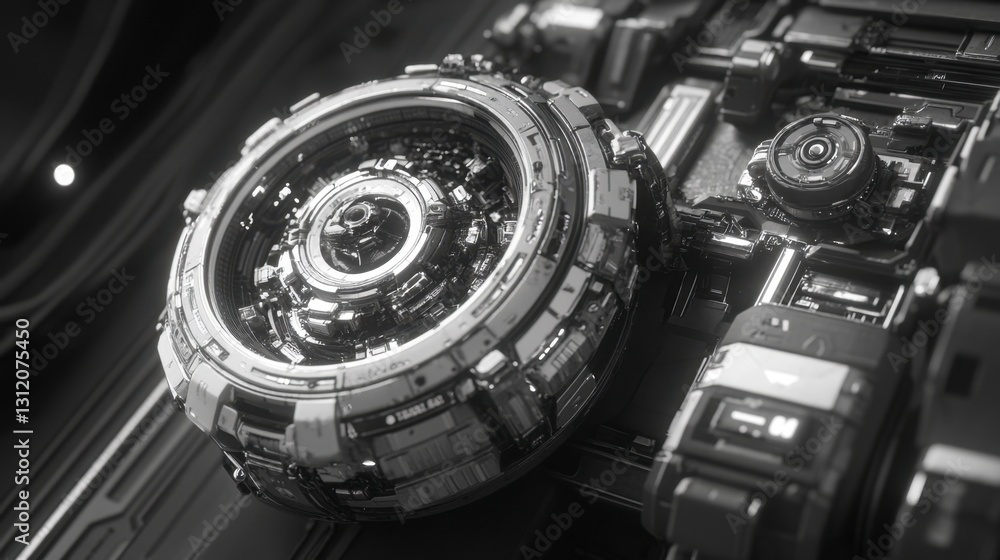 Poster close up view of a complex, metallic, spherical device with intricate internal details, rendered in 