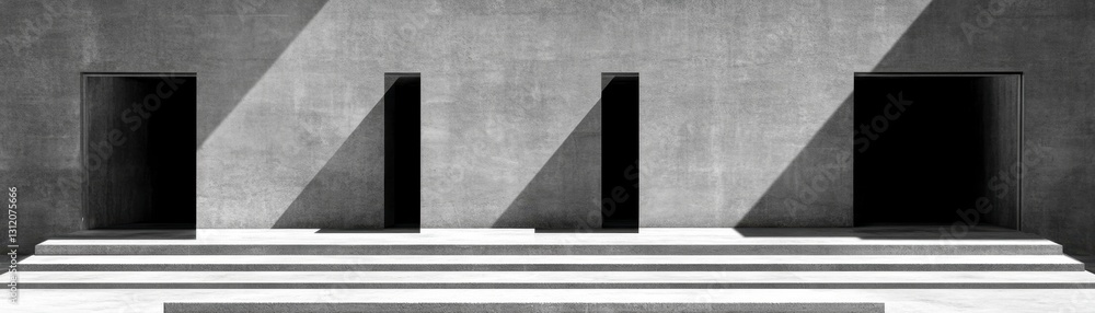Poster abstract grayscale image of four dark rectangular doorways set into a textured wall, with diagonal s