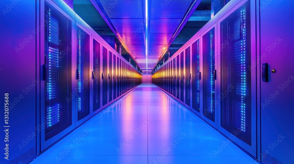 Aufkleber illuminated server room hallway with rows of data center racks.