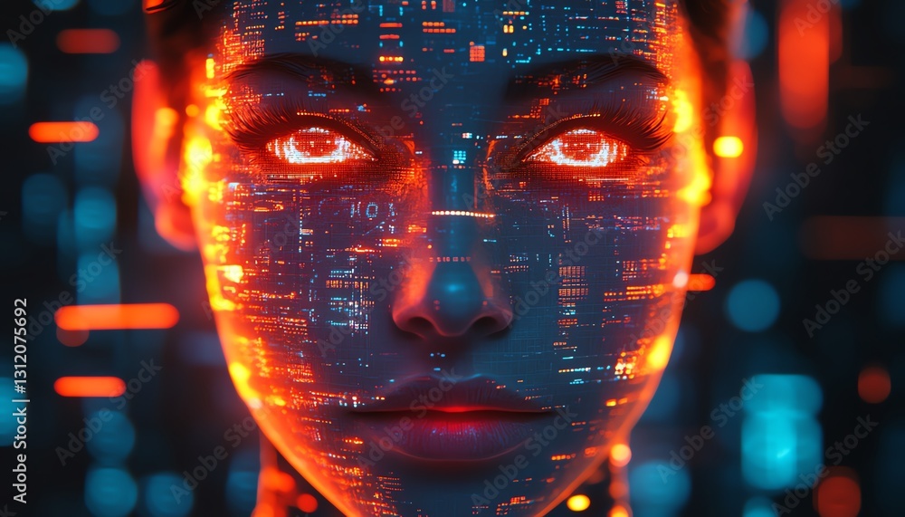 Leinwandbilder A pixelated, abstract robot face with glowing lights and digital patterns, futuristic portrait design, neon color scheme, cyberpunk aesthetics, highdefinition, 8K UHD