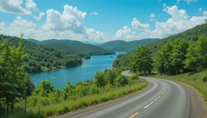 Aerial scenic drive serene lake & mountain views